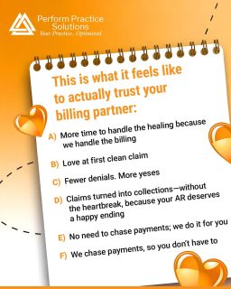 This Valentine’s Day, give your practice the kind of love that shows up on time, follows up, and actually gets paid. 
At Perform Practice Solutions, we manage your billing and AR from start to finish—so you can stay focused on patient care, not paperwork.
👉 Ready to work with a billing partner that actually delivers? Let’s talk!
PerformPracticeSolutions.com
#PerformPracticeSolutions #MedicalBillingExperts #HealthcareBilling #PracticeManagement #CleanClaims #FewerDenials #ARManagement #PrivatePracticeGrowth #HealthcareOperations #YouHealWeBill