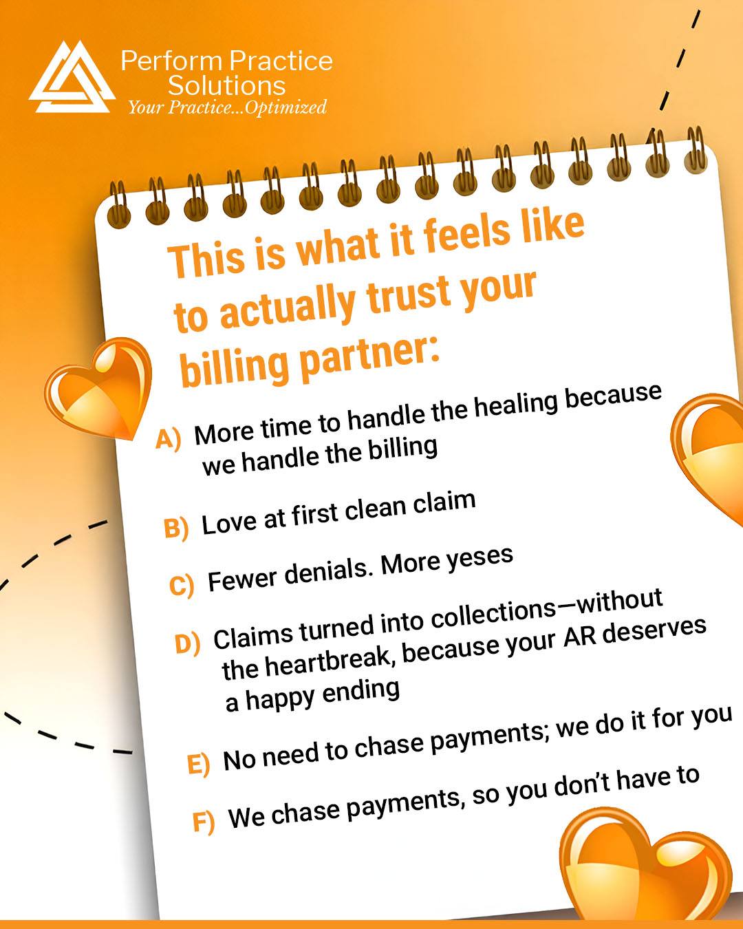 This Valentine’s Day, give your practice the kind of love that shows up on time, follows up, and actually gets paid. 
At Perform Practice Solutions, we manage your billing and AR from start to finish—so you can stay focused on patient care, not paperwork.
👉 Ready to work with a billing partner that actually delivers? Let’s talk!
PerformPracticeSolutions.com
#PerformPracticeSolutions #MedicalBillingExperts #HealthcareBilling #PracticeManagement #CleanClaims #FewerDenials #ARManagement #PrivatePracticeGrowth #HealthcareOperations #YouHealWeBill