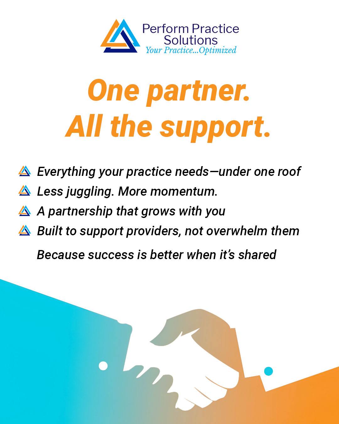 When everything your practice needs lives under one roof, there’s less juggling and more momentum. From billing and credentialing to staffing and operational support, this is a partnership designed to grow with you—without adding overwhelm.
A strong partnership starts with the right support—and you can count on Perform Practice Solutions for that.
PerformPracticeSolutions.com

#PerformPracticeSolutions #PracticeManagement #HealthcareSupport #MedicalBilling #CredentialingSupport #VirtualStaffing #HealthcareOperations #PracticeGrowth #StrongerTogether #YourPracticeOptimized