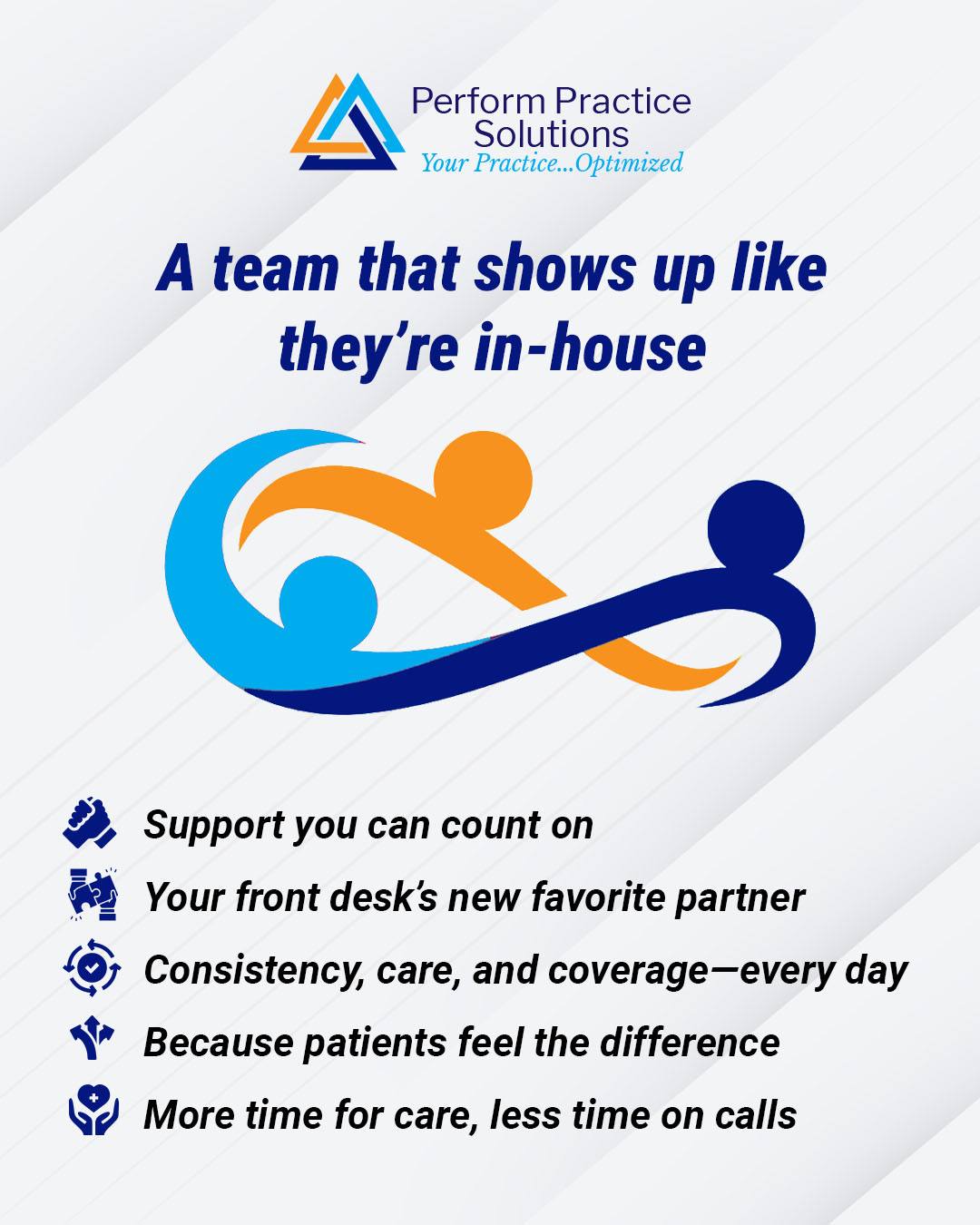 The best partnerships feel seamless. 💙

Your front desk gets reliable backup. Your patients feel supported. And your team gains time back for what matters most. With consistent coverage, proactive support, and genuine care, we integrate into your daily operations like part of your own staff.
Consider this our way of showing your practice a little extra love.
Partner with Perform Practice Solutions now.
PerformPracticeSolutions.com

#PerformPracticeSolutions #HealthcareSupport #VirtualStaffing #FrontDeskSupport #PracticeManagement #HealthcareOperations #PatientExperience #PracticeEfficiency #HealthcarePartners #YourPracticeOptimized